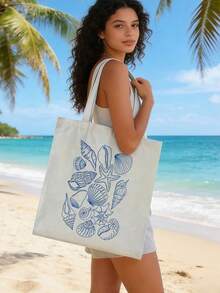 Ocean Theme Canvas Tote Bag, With Starfish And Shell Pattern, Large Capacity Women's Shoulder Bag, Portable Tote Bag, Multi-Functional Storage Bag, Commuter Shopping Bag, Foldable Large Capacity Casual Grocery Bag, Perfect Gift For Friends Who Love The Ocean, Women, Mothers, Teacher's Day, Back To School Season, Birthday Holiday, Spring And Summer Beach Vacation - Multicolor - View 12