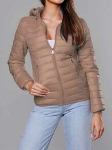 Women's Quilted Jacket With A Hood, Lightly Insulated Transitional Jacket, Detachable Hood, Zipper Closure, Finished With Elastic Trim, 2 Pockets, Straight Cut, Hip-Length, Basic, Spring/Autumn - Beige - View 1