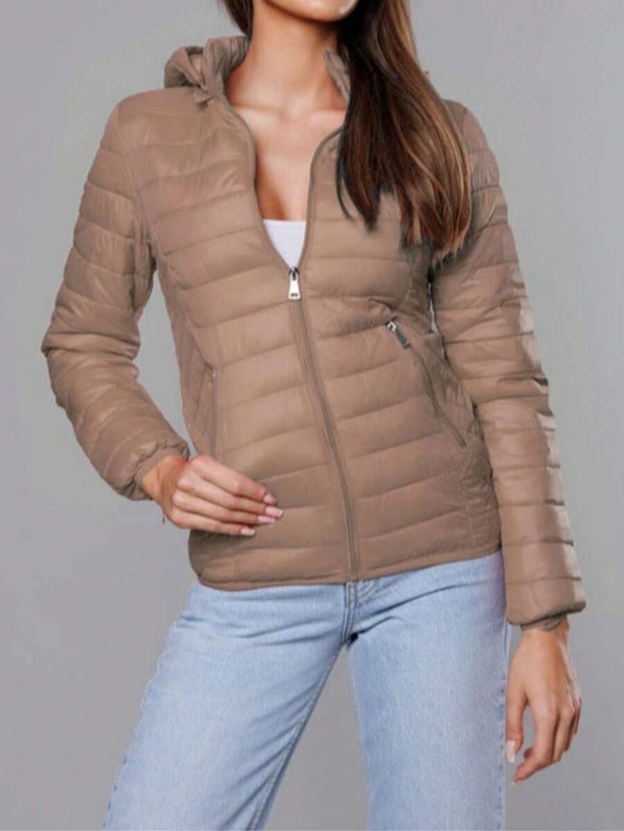 Women's Quilted Jacket With A Hood, Lightly Insulated Transitional Jacket, Detachable Hood, Zipper Closure, Finished With Elastic Trim, 2 Pockets, Straight Cut, Hip-Length, Basic, Spring/Autumn - Beige - View 1