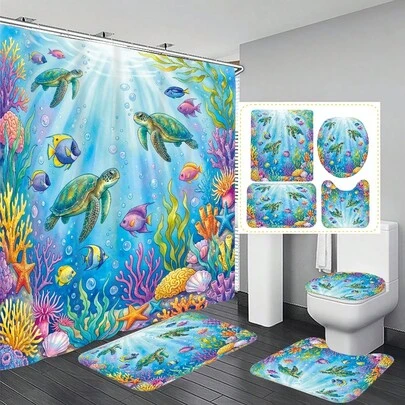 1pc/4pcs Watercolor Underwater World Sea Turtle & Coral Pattern Bathroom Decor Shower Curtain Set, Comes With 12 Free Hooks, Elegant Holiday Atmosphere, Bathroom Mat, U-Shaped Toilet Mat And Round Toilet Mat, Suitable For All Scenarios