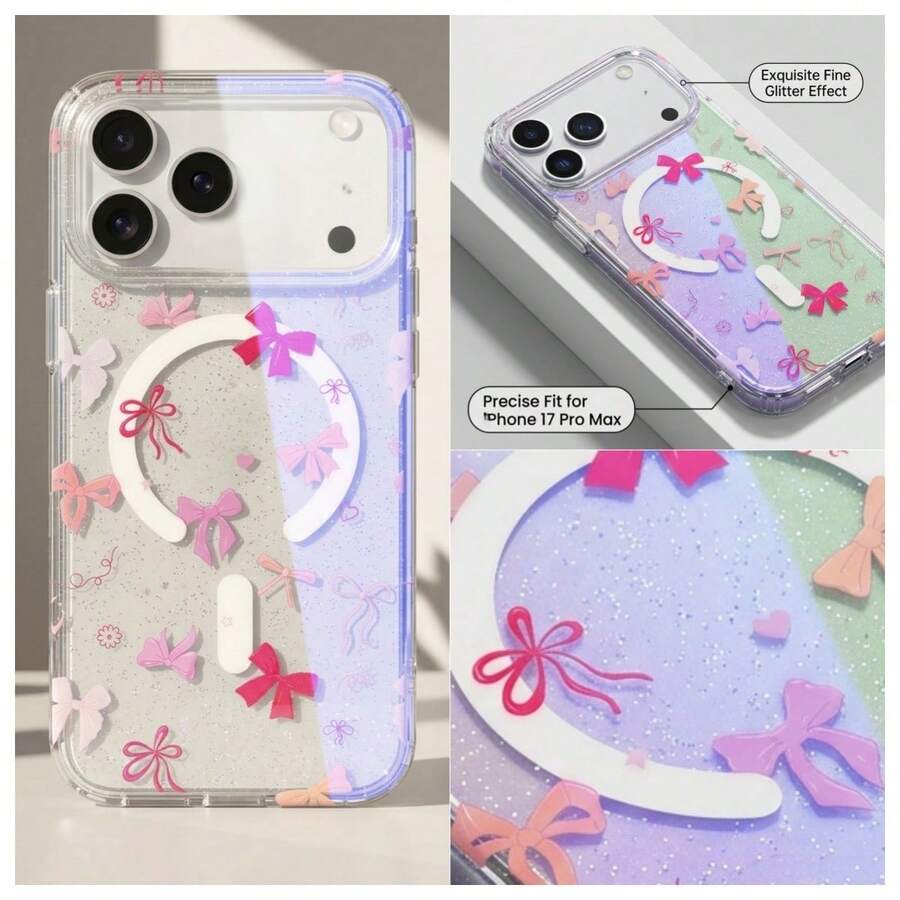 Pink Bow Transparent Glitter Phone Case Compatible With IPhone 17, 17 Pro, 17 Air, 17 Pro Max, Suitable Compatible With Apple 16 Pro Max/15/14/13 Pro Max, Pattern Won't Fade, Protective Phone Case