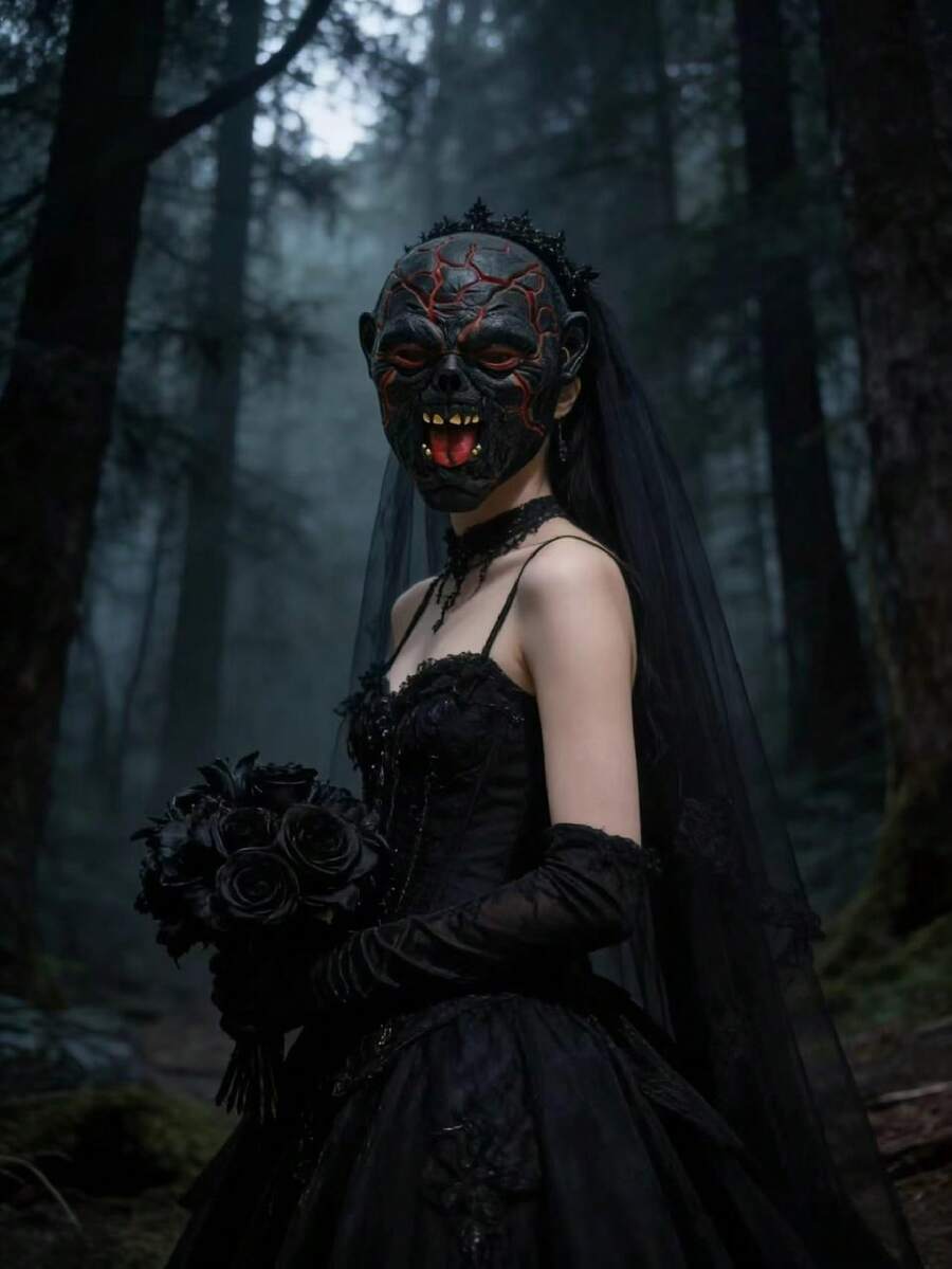 Máscara de zombie aterrador de Halloween con venas rojas agrietadas, accesorio de disfraz de cosplay táctico - Negro - Ver 1