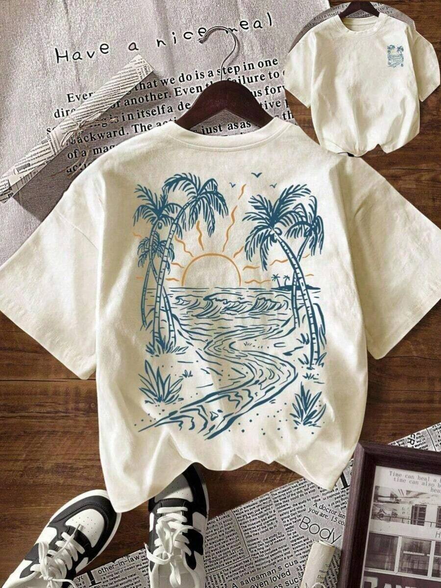 Women's Palm Tree Print Casual Round Neck Short Sleeve T-Shirt, Vacation/Resort WearPrinted Round Neck Short Sleeve Women's Tee - Daily Casual, Sports & Fitness, All Seasons (Perfect For /Valentine's Day) Anti-Wrinkle Cotton T-Shirt - Màu be - Xem 1