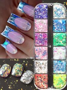 12 Grids Irregular Flakes Nail Sequins Glitter, Holographic Mermaid Blue Pink Nail Art Sequins, Spring Summer Japanese Design Nail Art Glitter Flakes Decorations Manicure - Multicolor - View 4