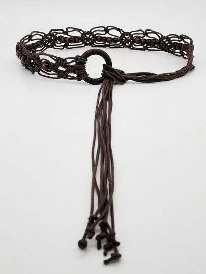 Hollow Out Woven Rhombus Pattern Polyester Belt, Versatile For All Seasons Summer, School Fall, Autumn, Halloween