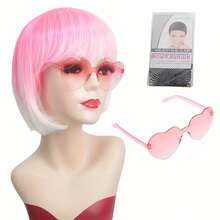 Cyberpunk Bob Wig & Glasses Set - 10 Neon Colors With Adjustable Fringe | Multi-Tone Synthetic Hair For Cosplay, Rave, Halloween & Daily Bold Fashion (Hot Red/Lime Green/Orange/Light Pink/Plum Purple/Neon Blue/Neon Lilac/Golden Blonde/Black) - 漸層粉紅色 - 查看 2
