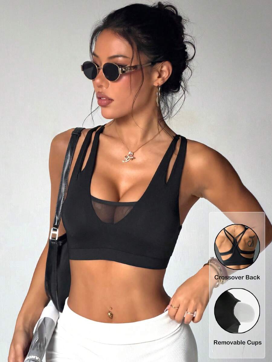 Women's Solid Color Removable Padded Mesh Splice Racerback Sports Knit Bra Black - Black - View 1