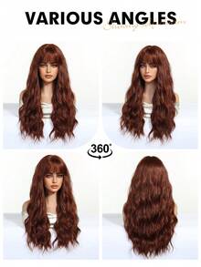 Peluca Larga Ondulada Multicapa De 26 Pulgadas En Color MarróN-Rojo Con Flequillo Aireado - Cabello SintéTico Resistente Al Calor, Gorra De Red De Rosa Transpirable, Textura Sedosa Natural, Adecuada Para Mujeres A La Moda, Fiestas, Vacaciones, Viajes, Regalos De Navidad Y Halloween Para NiñAs - Marrón - Ver 9