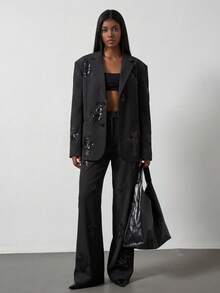 女士春夏职业竖条纹亮片刺绣西装外套，独特设计西装夹克 - 黑色 - 查看 3