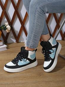 时尚撞色高帮运动鞋，女士款 - 透气孔鞋面，防滑厚底，休闲运动鞋风，适合校园及日常穿着 - 白黑藍 - 查看 4