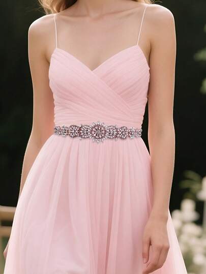 1件时尚优雅水晶装饰腰带，伴娘新娘腰部装饰，舞台表演缎带腰带，婚礼腰带