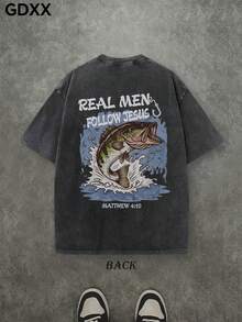 Men's Plus-Size Christian Pattern T-Shirt, Outdoor Fishing Pattern T-Shirt, Bible T-Shirt, Jesus Clothes, Vintage T-Shirts, Oversized Men's T-Shirts, 230g 100% Cotton, Retro Realistic Style T-Shirt, Jesus Shirts, Men's Summer Outdoor T-Shirt, Unisex T-Shirt. - 黑色 - 查看 3