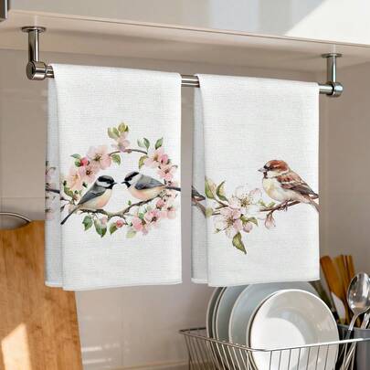 2条春麻雀水彩印花厨房毛巾，100%涤纶材质，适用于餐厅、厨房和家居装饰；速干、轻便、不易褪色、不易掉毛、防霉、色牢度高，尺寸40*60厘米