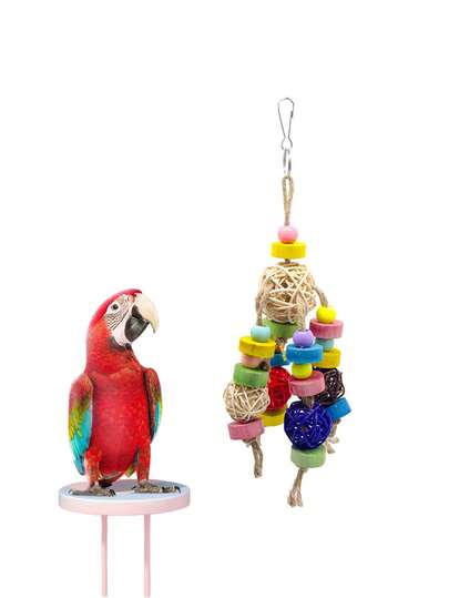 Colorful Parrot Rattan Ball & Wooden Bead Hanging Cage Toy, Chewing & Entertaining Supplies For Small/Medium Parrots, Natural Woven Interactive Toy (All Accessory Colors Randomly Assembled)