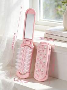 1pc Pink Foldable Comb With Daisy & Heart Print, Compact Design With Built-In Mirror, Portable For Women, Suitable For Travel & Gift - Multicolor - View 3