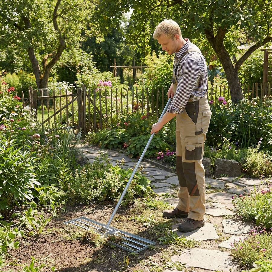 COSTWAY Lawn Leveling Rake With Adjustable Handle And Rotating U-Head For Topsoil, Silver - A - View 1
