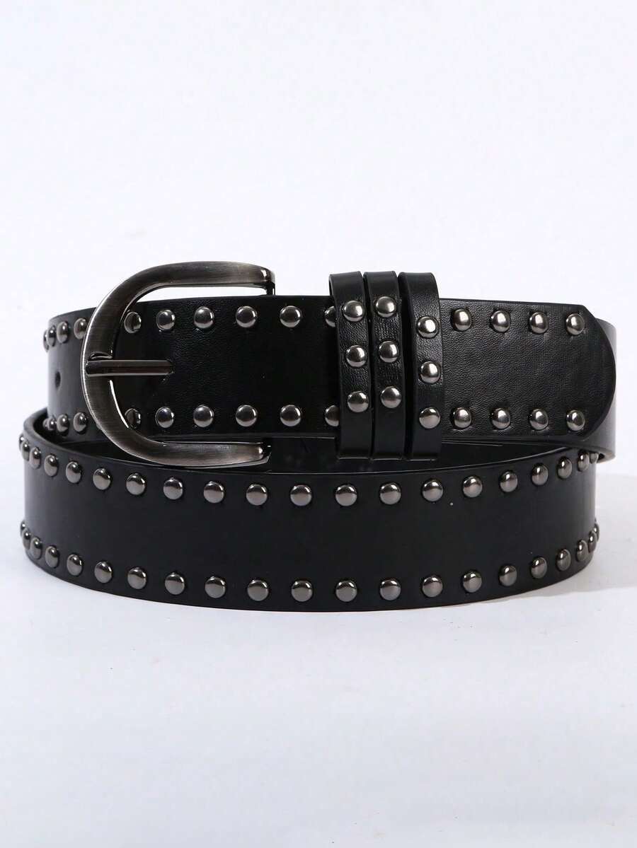 1pc Women's Gun Color Alloy Buckle Double Row Rivet Decor Belt, PU Leather Punk Style Accessory, Suitable For Casual Pants, Jeans, Dresses - Black - View 1