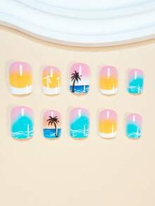 24片装短款方形优雅夏季热带海滩海洋椰树哑光亮面假指甲，时尚百搭，适合约会、派对、日常佩戴，女士及女孩适用，可卸式按压美甲套装，含果冻胶和指甲锉，果冻胶颜色随机发货 - 彩色 - 查看 2