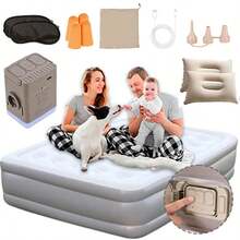 Colchón inflable de alta resistencia con bomba automática de inflado/deflado rápido. Diseño queen size (200x152x40 cm) ideal para camping, visitas o uso temporal. La bomba extraíble permite inflar sin electricidad. Superficie lisa y acolchada para mayor comodidad. - Beis - Ver 1