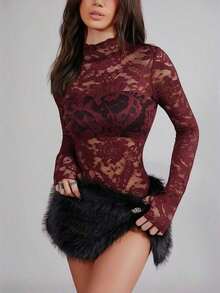 Women's Long Sleeve Bodysuit With High Neck And Transparent Lace - Sexy Fashion Lace - Burgundy - View 5