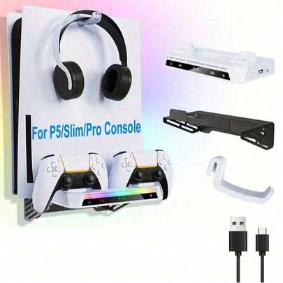 P/S5 Slim Wall Mount With Dual Controller Chargers, Headset Holder, And RGB Light Strip - ABS Material, Includes USB Cables & Adapters For Easy Setup