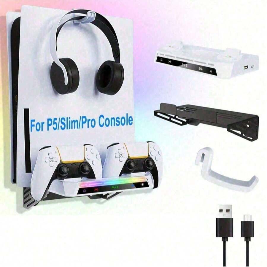 P/S5 Slim Wall Mount With Dual Controller Chargers, Headset Holder, And RGB Light Strip - ABS Material, Includes USB Cables & Adapters For Easy Setup - White - View 1