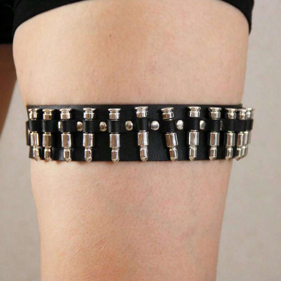 1pc Women's Punk Bullet Decor Sexy Leg Garter, Leather Bondage Thigh Strap, Halloween Costume Accessory - 黑色 - 查看 1