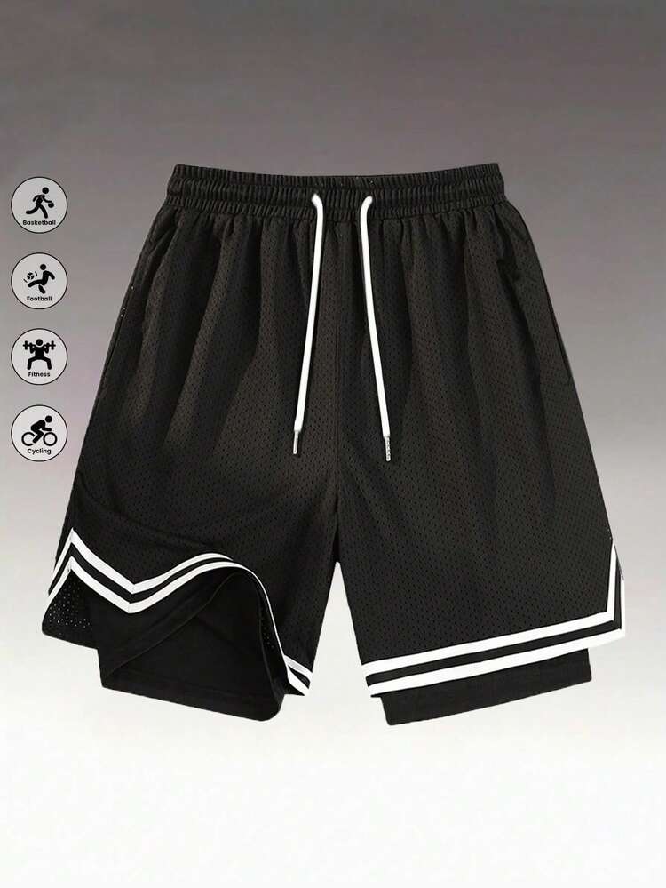 男士夏季运动篮球短裤，抽绳弹力网眼速干百慕大短裤，黑色 - 黑色 - 查看 2
