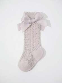 1 par de calcetines largos de malla estilo escolar con decoración de lazo de unicolor para niñas/niñas pequeñas - Rosa - Ver 6