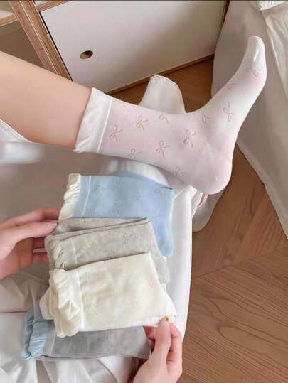 6双随机白色蝴蝶结袜子，女士薄款中筒袜，透气棉质，芭蕾舞鞋款式，夏季