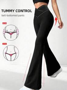 Women's High Waist Crossover Flare Leg Yoga Pants, Tummy Control 4-Way Stretch Breathable Workout Leggings, Casual Outdoor Sports Trousers, Multiple Color Options# Casual Leggings#Leggings For Women#Tummy Control Shapewear - Black - View 2