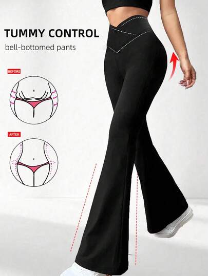 [Extremely Soft] Criss-Cross Elastic Flare Pants, Minimalist High Waist Commuting & Yoga Pants, Sexy Casual Sports Leggings, Single-Piece Butt-Lifting Design Flared Pants, Women's Sportswear, Knit Fabric, Stretchy & Comfortable, Suitable For Daily Wear And Workout Black Spring/Summer,Women's Leggings,Gym Clothes Women,Summer Outfits For Women,Summer Clothes,Beachwear,Vacation Outfits Women,Vacation Essentials