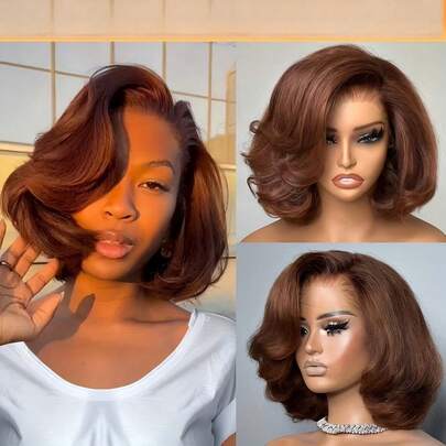 13x4棕色水波纹真人发波波头假发蕾丝前额假发#4色短款波波头缅甸蕾丝前额卷发假发180密度