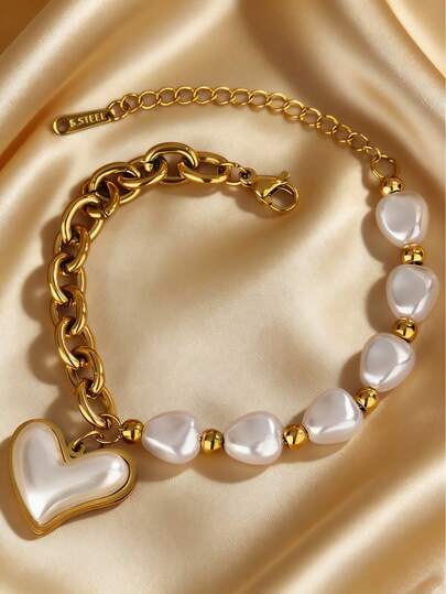 VceTd 1 pieza Brazalete de cadena gruesa con colgante asimétrico de perla blanca y corazón, brazalete de lujo vintage, duradero y resistente a la decoloración, adecuado para hombres y mujeres, regalo perfecto para novia, amiga y parejas