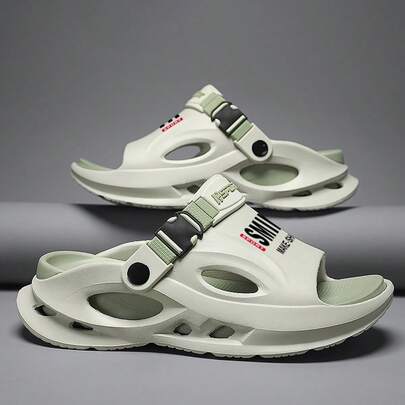 Unisex Comfortable Casual Sandals, Soft Sole Non-Slip Outdoor Pool Sports Beach Shoes, Letter Buckle Design Hollow Breathable Couple Slippers