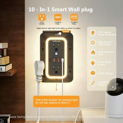 Alargador con 6 tomas de corriente y luz nocturna | 4 puertos de carga USB (2C2A), cargador de pared USB de 3 lados, adaptador de enchufes múltiples para el hogar, viajes y oficina