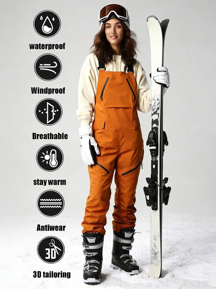 1-Piece Women's Slim-Fit Ski Jumpsuit With Adjustable Straps, Suitable For Outdoor Activities, Winter Skiing, Ski Gear, Snow Sports Pants, Reinforced Structure, Functional Ski Pants, Ski Wear - 黃色 - 查看 1
