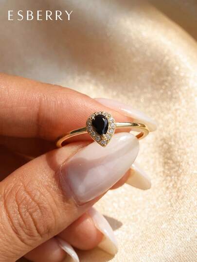 ESBERRY טבעת רומנטית בצורת אגס שחורה אחת עם זירקוניה מעוקב, תכשיטי נשים, מצופה כסף סטרלינג 925 בזהב, תכשיטים מעולים ללבוש יומיומי, מתנה
