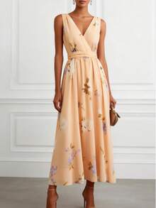 Vestido midi de línea A con cuello en V de gasa floral elegante sin mangas para mujer, perfecto para ocasiones formales y estilo de vestido de tirantes de vacaciones de verano - Multicolor - Ver 1
