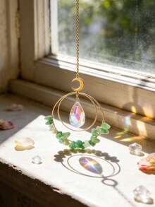 1件波西米亚风日月捕梦网吊坠，人造水晶窗饰，棱镜光效，波西米亚风室内装饰，新月形设计，绿色水晶墙饰，适用于客厅、卧室、窗户、阳台、花园、冥想空间、瑜伽室、公寓、家庭办公室、婚礼派对、乔迁礼物 - 彩色 - 查看 4