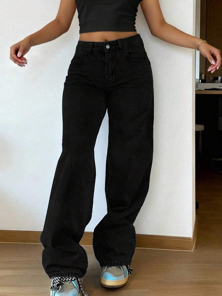 Plus Size Women's Vintage Casual Elastic Waist Loose Straight Leg Jeans Black Spring - Black - View 1