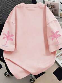 T-shirt décontracté à col rond et manches courtes pour femmes, nouveau pour le printemps/été, imprimé slogan palmier, style de vacances à la mode, votre article essentiel quotidien. T-shirt graphique, Top rose, voyage de vacances - Rose bonbon - Voir 2