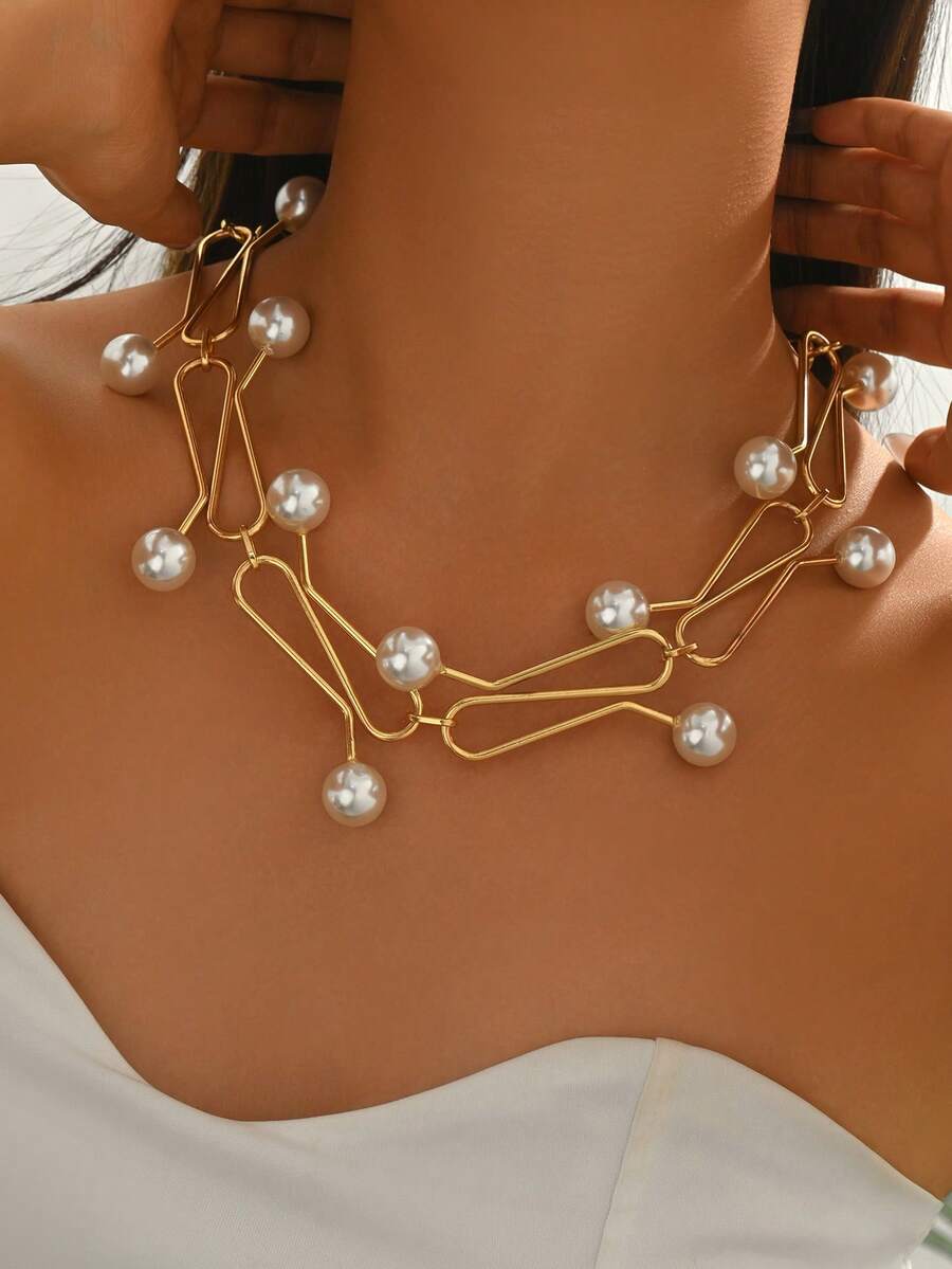 1pc Spring/Summer Fashion Minimalist Geometric Ball Metal Wire Necklace, Avant-Garde Design Personalized Choker For Women - Yellow Gold - View 1