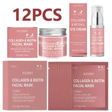 Xioimy 12件套胶原蛋白和生物素面部护理套装，包含10片面膜、眼霜和撕拉式面膜，富含胶原蛋白和生物素，令肌肤水润、光滑、透亮，日常护肤套装 - 數量 - 查看 10