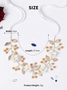 1件波西米亚风新娘金色发饰，饰有多朵白色花朵和人造珍珠，配有可调节缎带系带头箍，适合婚礼派对佩戴 - 金色 - 查看 6