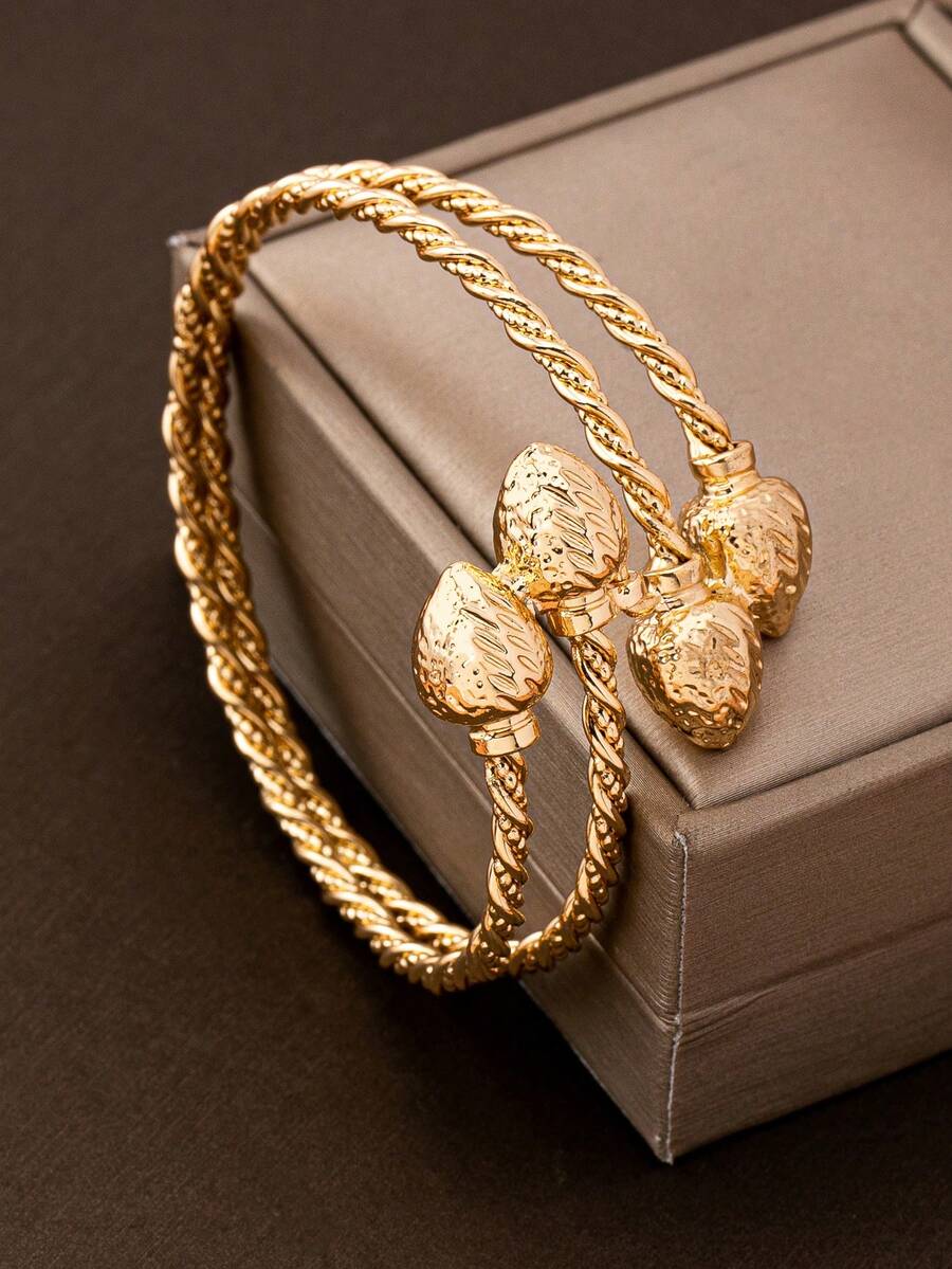 双扭纹铁丝钉喷砂花朵双心超人气开口手链 - 金色 - 查看 1