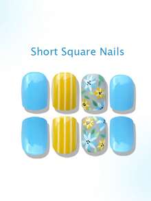 24-Piece Set Of Light Blue And Yellow Floral Striped Nail Stickers, Short Square-Shaped Fresh Fake Nails, Fresh Spring Style, Combining Pure Light Blue Nail Pieces, Yellow Striped Nail Pieces And Nude Base With Exquisite Floral Patterns. Short Fake Nails, Nail Decoration, Acrylic Nails, Suitable For Spring Outings, Daily Commutes, Parties, Dates And Other Occasions! - Multicolor - View 3