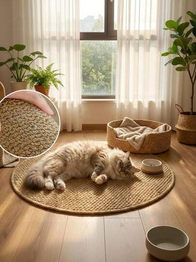 1pc Camel Round Faux Sisal Rug, Pet Rug, Scratch-Resistant & Durable, Atmosphere Rug, Decorative Rug, Suitable For Hardwood Floors In Entryway, Laundry Room, Hallway, Bedroom, Kitchen, Living Room And Dining Room, All-Season Home Decor, Doormat, Washable & Non-Slip, Suitable For Hallway Rug, Bedroom Rug, Kitchen Rug, Bedside Rug, Home Decor, Kitchen Decor, Personalized Fashionable Home, Room Decor, Living Room Decor, Home Decor, Holiday Decor.