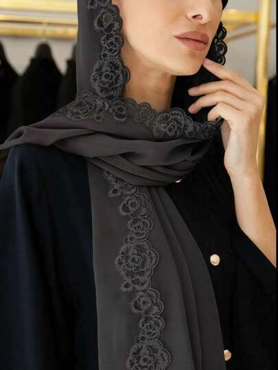 Spring/Summer Modest Hijabi Women's Solid Color Embroidered Lace Chiffon Muslim Hijab Scarf For Abaya