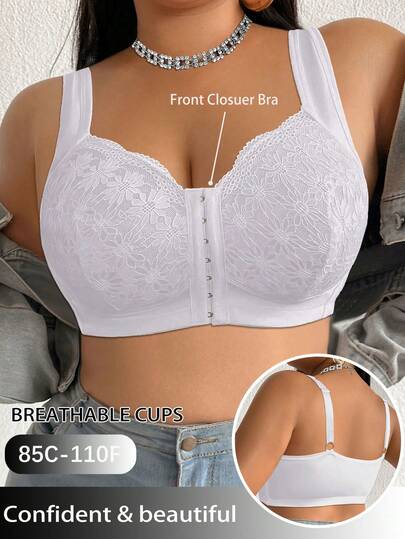 1件休闲舒适简约加大码前扣式无钢圈文胸，针织面料